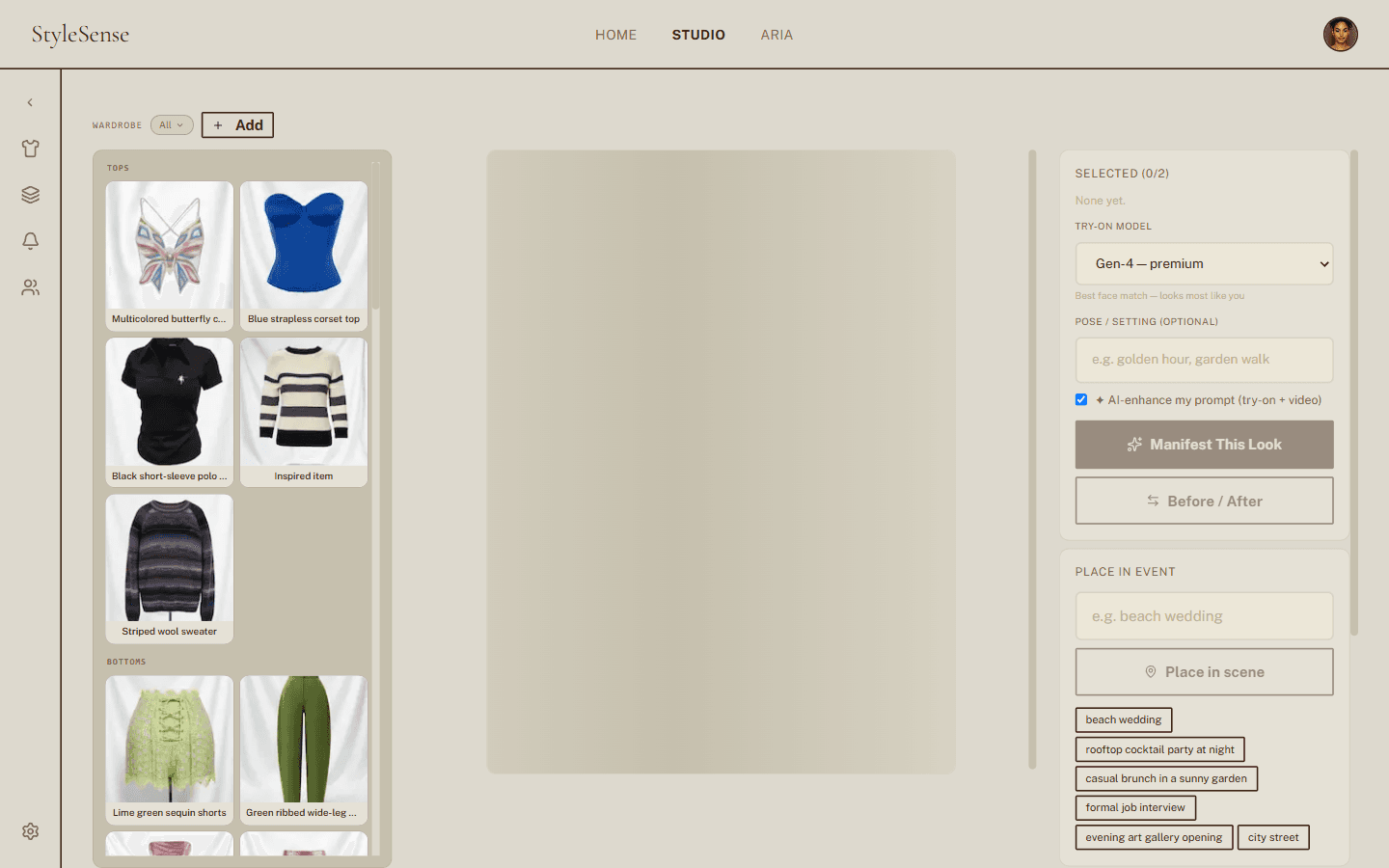 StyleSenseAI studio try-on interface
