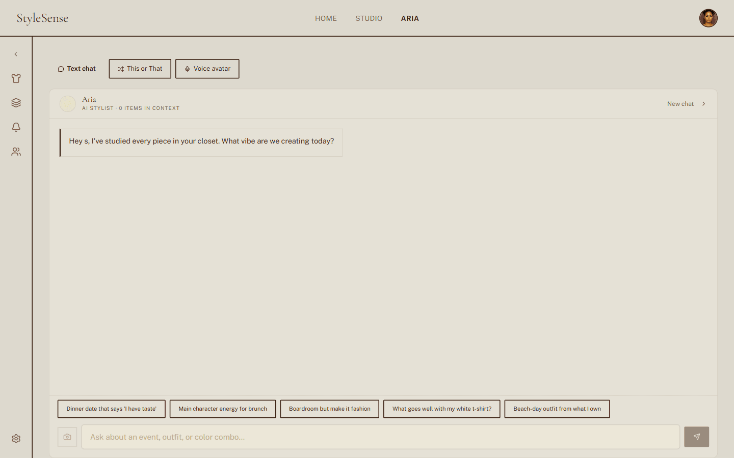 StyleSenseAI Aria agent chat with confirm actions